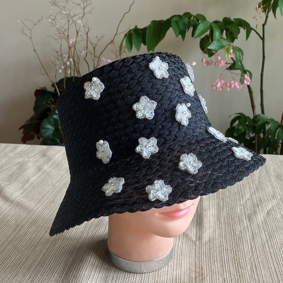 Black Bucket Hat with White Sequined Beaded Floral Accents - Picture 3 of 4